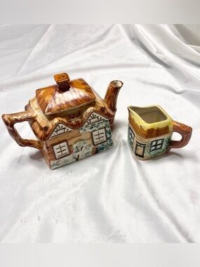 Vintage Cottage House Teapot & Creamer Set | Cottagecore Ceramic Tea Service